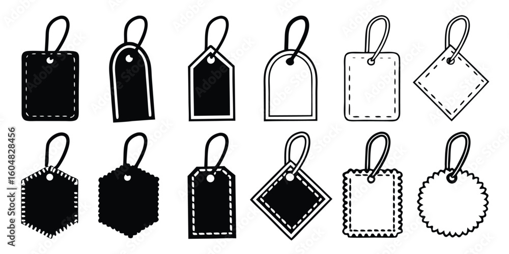 Poster assorted black and white price tag icons with string on transparent background this image showcases