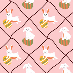 Cute easter bunny pattern with eggs on pink background. Cute easter elements on diagonal grid background
