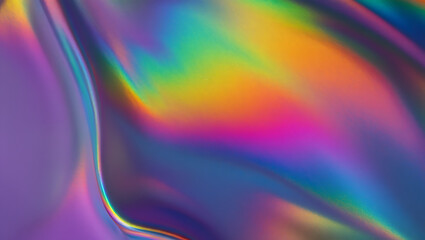 Abstract iridescent background with swirling rainbow colors and a smooth metallic fluid texture creating a vibrant and futuristic visual effect