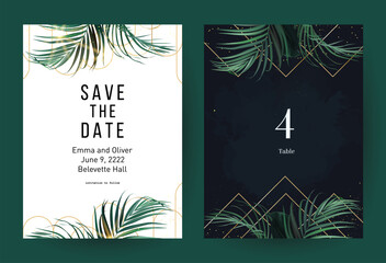 Tropical elegant background arranged from exotic emerald leaves. Design vector. Paradise plants, greenery chic card. Stylish fashion banner. Wedding template. Golden glitter art. Isolated and editable