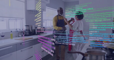 Dancing holding hands couple wearing aprons in kitchen with sink and faucet, code overlay