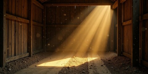 Golden rays illuminate a rustic wooden structure's interior, dust motes dancing in the sunlit beams, creating a serene and atmospheric scene.