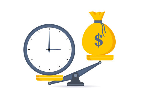 Time is money. Clock and dollar bag a balance scale. Financial concept .Time value of money asset growth over time depicts investment in long-term equity. Vector