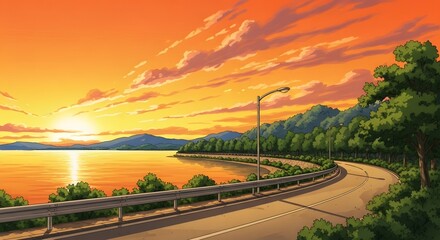 Fototapeta premium Serene Anime Coastal Highway at Sunset