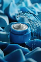 Obraz premium Close-up of a blue cream jar with water splashing and flowing over silky fabric background emphasizing hydration skincare beauty product