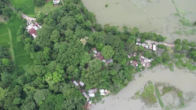 4K Aerial View of Forested Riverside Village Surrounded by Water