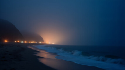 Fototapeta premium Coastal town lights on a misty beach at dusk