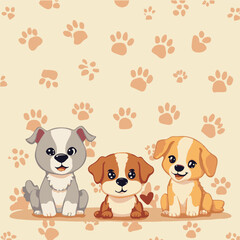 Charming Trio of Cartoon Puppies with Paw Print Background A Delightful Canine Illustration