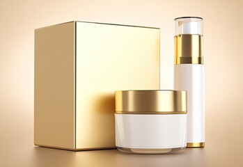 Gold and white cosmetic packaging on beige background