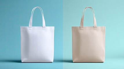 Two blank canvas tote bags, one white and one beige, against a mint green background