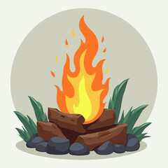 Cartoon Campfire Scene with Flames Logs and Rocks Cozy Outdoor Gathering Illustration for Camping and Wilderness Adventures