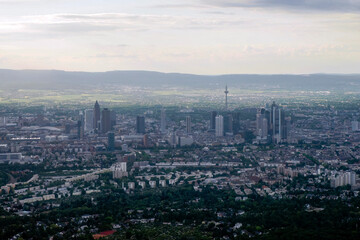 Frankfurt Germany city aerial view at sunset from airplane window before landing at airport