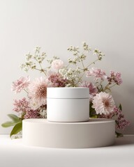 White cosmetic jar surrounded by pastel flowers on a light beige pedestal