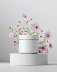 White cosmetic jar surrounded by pink cosmos flowers on a white pedestal