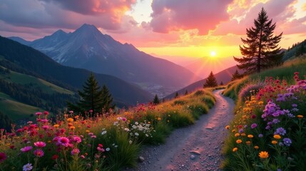 Fototapeta premium Serene Sunset Vista A Mountain Path Adorned with Vibrant Wildflowers, Leading Towards a Majestic Sunlit Peak