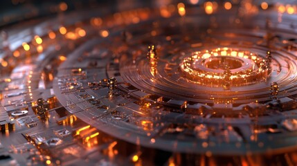 Ornate, layered, metallic circle glows with orange light with complex mechanical details