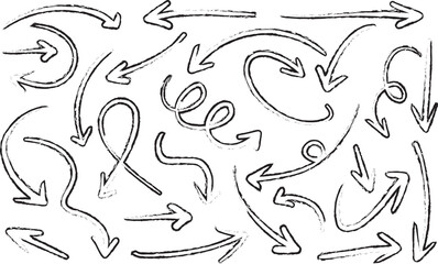Vector collection of creative black arrows including swirl, loop, curve, and turn shapes in hand-drawn sketch and bold marker styles for navigation and visual emphasis.


