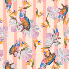 Obraz premium TROPICAL PRINT WITH COCKATOO AND TROPICAL FOLIAGE