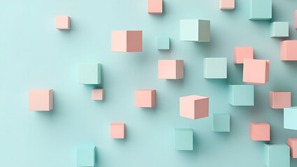 Minimalist abstract composition featuring scattered pastel pink and mint green cubes on a light blue background suggesting concepts of order creativity and design