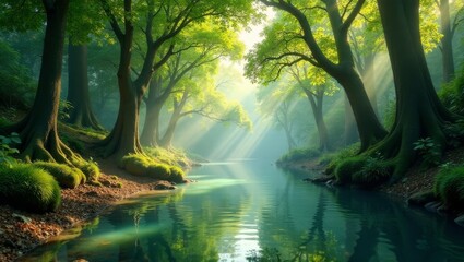 Serene sunlit stream meandering through a mystical forest of ancient trees, bathed in ethereal morning light