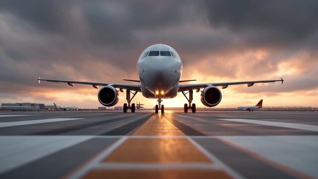 Airplane takes off over head. Airplane taking off from the runway at sunset 4k video