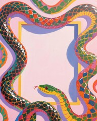 Obraz premium Colorful Mosaic Snake Illustration with Detailed Scales and Vibrant Patterned Background for Artistic Nature Artwork