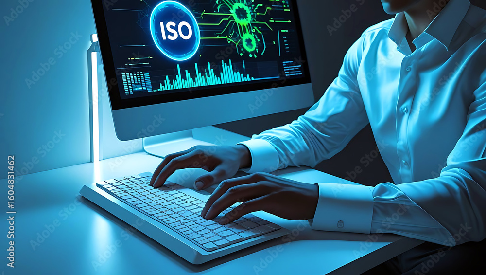 Fototapete man working on computer with iso logo and data visualization