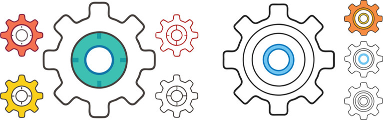 Collection of Colorful Cogwheel Designs, Technical Illustration, Machinery and Industry Gears