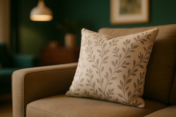 Cozy armchair with decorative leaf pattern pillow and warm ambient lighting