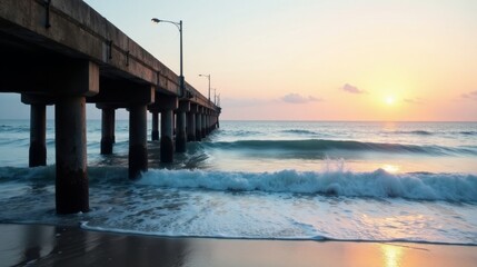 Fototapeta premium Serene Sunset Vista Ocean Waves Crashing Gently Against a Long Concrete Pier at Dawn