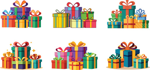 Colorful Stacks of Cartoon Gift Boxes with Ribbons for Celebrations