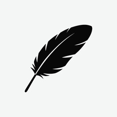 Simple stylized black feather in profile. Graphic minimalist line art design, diagonal layout, detailed barbs, solid black on white background. Perfect for tattoo, logo, decor.