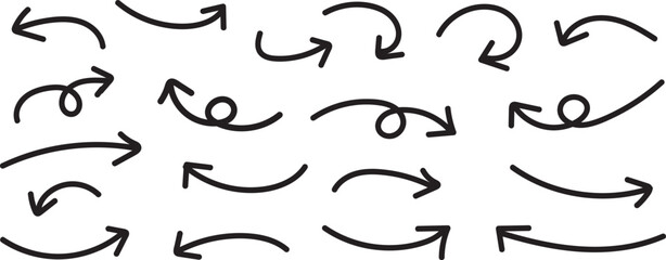 Set of hand-drawn sketch arrows in various curving and looping styles—perfect for highlighting direction, movement, or flow in infographics, notes, and design elements.