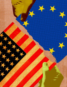Hands tearing United States and European Union flags apart