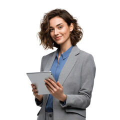A smiling woman in business attire holding an iPad, standing against a transparent background, professional photograph