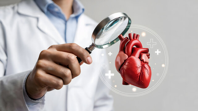 Expert doctor meticulously examines vibrant human heart with magnifying glass, symbolizing advanced medical research, cardiac health, and diagnostic precision in a modern healthcare setting.