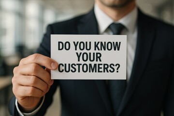Businessman Holding Card Asking About Customer Awareness