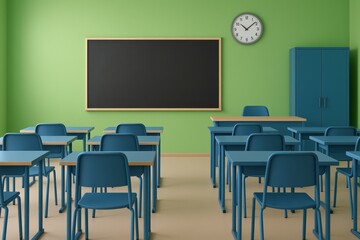 Modern Classroom Interior With Chalkboard And Desks