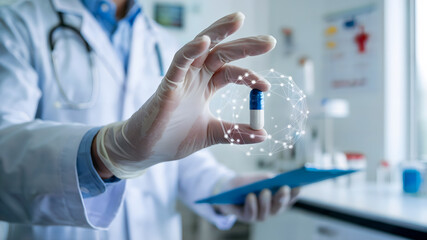 Scientist examining innovative capsule with digital network overlay, symbolizing medical breakthrough and scientific research in a modern laboratory setting