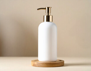 Elegant White Pump Bottle on Wooden Tray Against Neutral Background