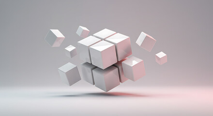 Abstract 3d geometric composition of white cubes exploding and floating in space