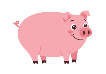 Cute Pink Cartoon Pig with Happy Expression.