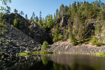 Serene Lake Reflects Lush Green Forest Amidst Rocky Terrain