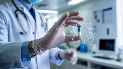 Expert scientist reveals innovative medical breakthrough capsule, symbolizing global health connectivity and future pharmaceutical advancements.