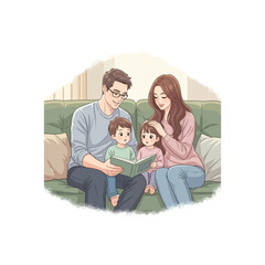 A family of four reading a book together on a comfortable sofa.