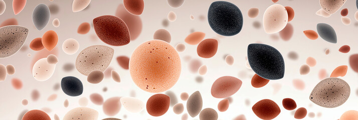 Colorful microscopic organic particles floating in soft light, resembling cells or spores under high magnification