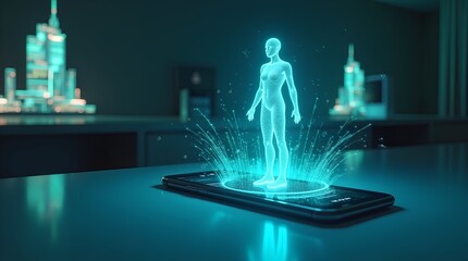 Experience the future A glowing digital human hologram emerges from a smartphone, symbolizing cutting-edge artificial intelligence, virtual interaction, and advanced technological innovation.