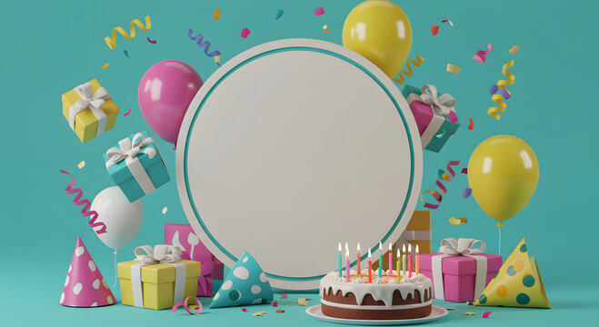 Joyful Birthday Celebration: 3D Rendered Cake, Balloons, Gifts, and Blank Circle for Text - Powered by Adobe