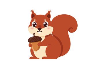 Adorable Cartoon Squirrel Holding an Acorn Red Fur Big Eyes Happy Expression.