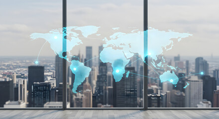 A glowing digital world map with network connections projected over a modern city skyline, viewed from a high-rise office.